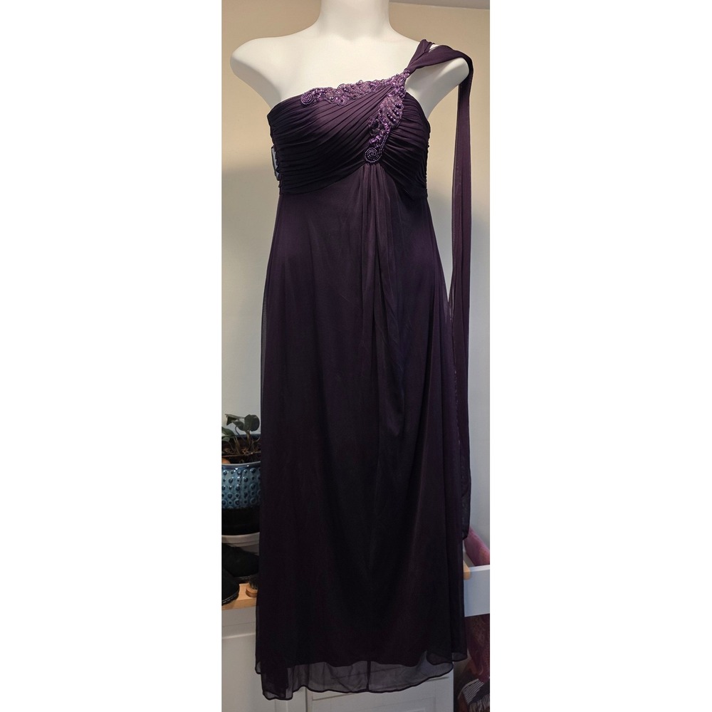 Vtg Alex Evenings 6 Gown Purple One Shoulder Beaded Ruched Formal Maxi Dress